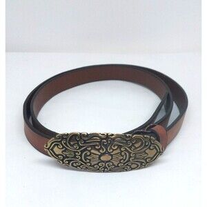 Retro Brown Leather Skinny Belt Gold Tone Floral Embossed Buckle Boho Western L